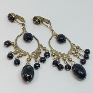 👍 5 for 20 vintage black & gold splatter beads dangle drop clip on earrings